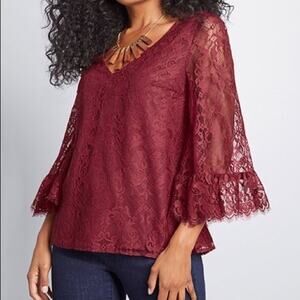 Modcloth Burgundy Through the Bluebells Lace Bell Sleeve Blouse Women's S